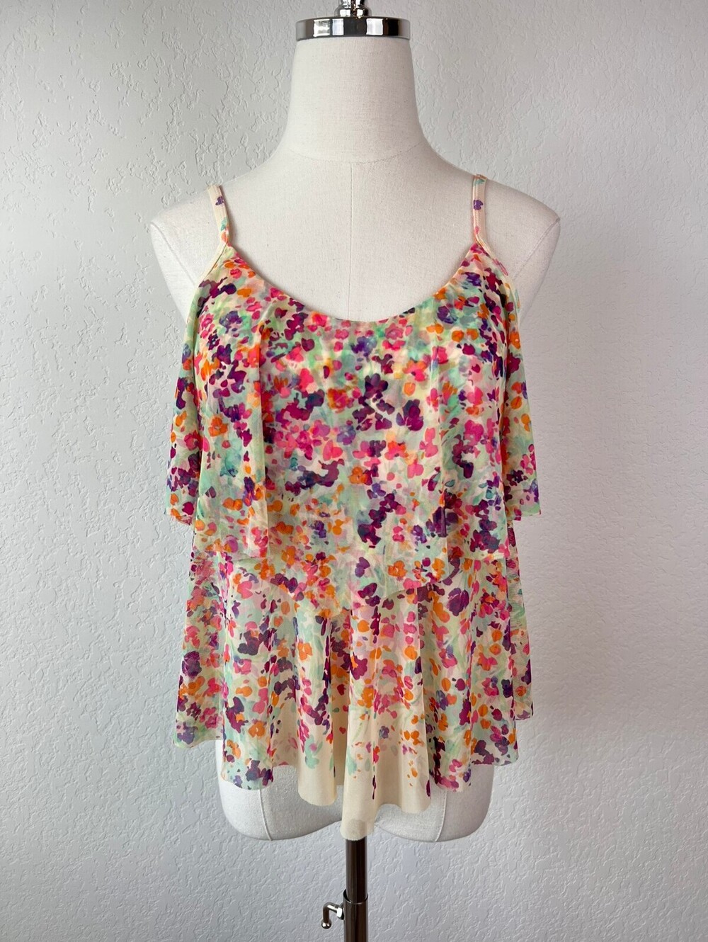Vintage Y2K Floral Ruffle Layered Multicolor Swim Tankini Top size Medium